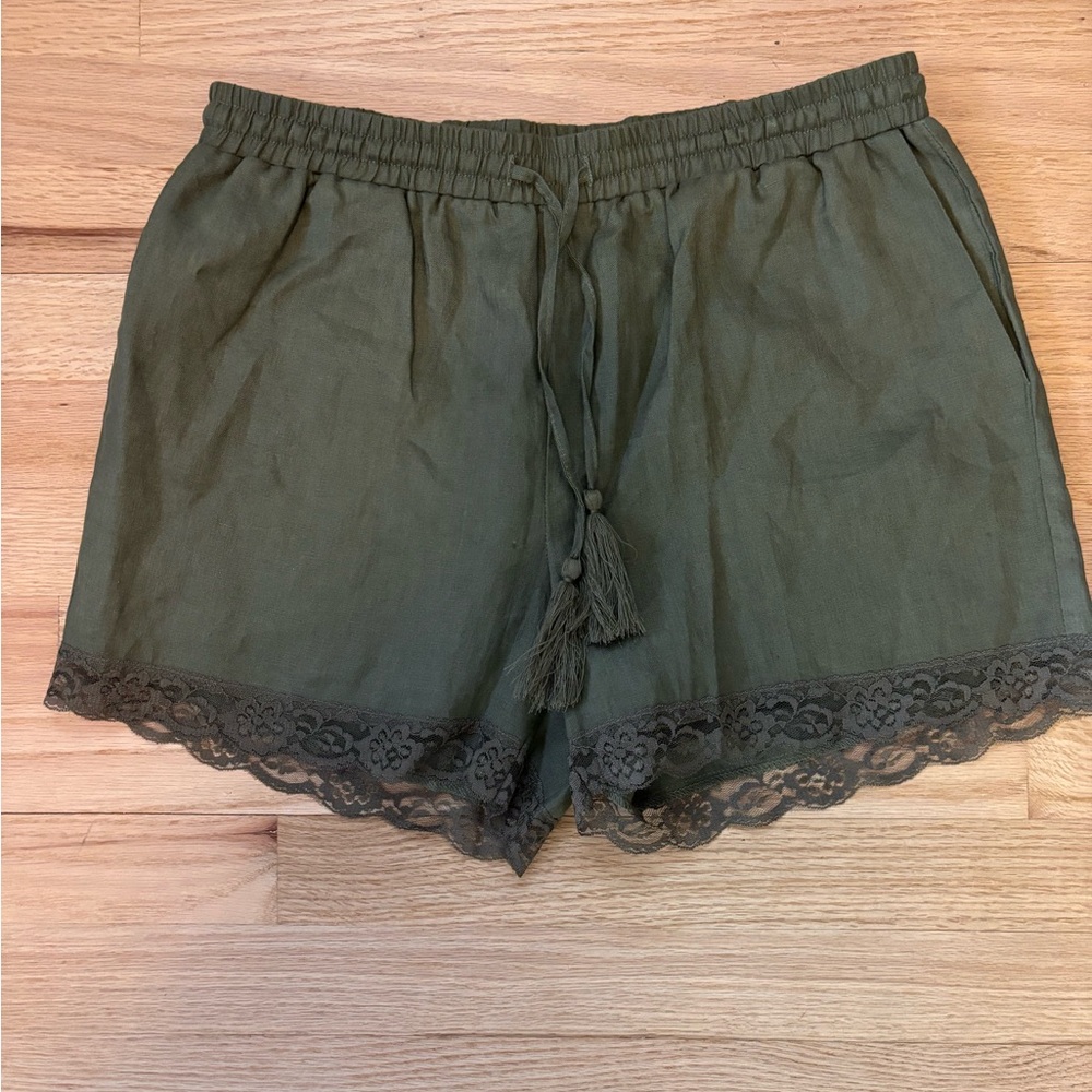 100% Linen Olive Green Gold Hawk Shorts